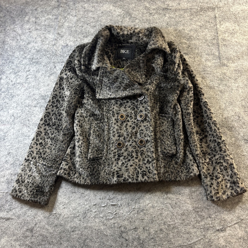 Buckle BKE Women's Medium Faux Fur Double Breasted Peacoat Jacket Leopard Print